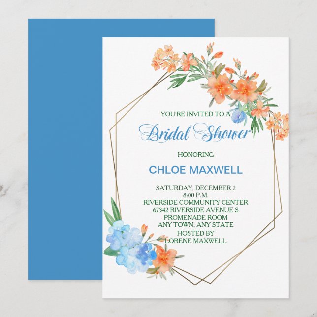 Tangerine and Blue Floral Frame Bridal Shower Invitation (Front/Back)