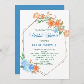 Tangerine And Blue Floral Frame Bridal Shower Invitation by AvenueCentral at Zazzle