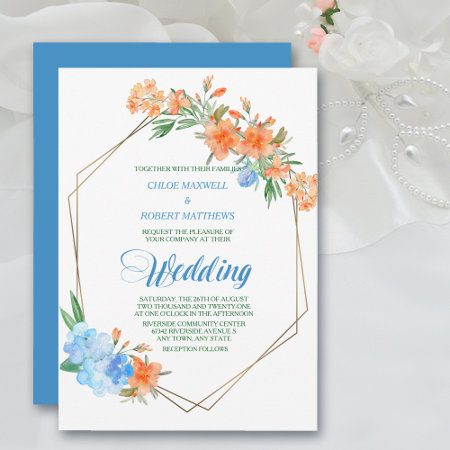 Tangerine And Blue Floral Frame Wedding Invitation