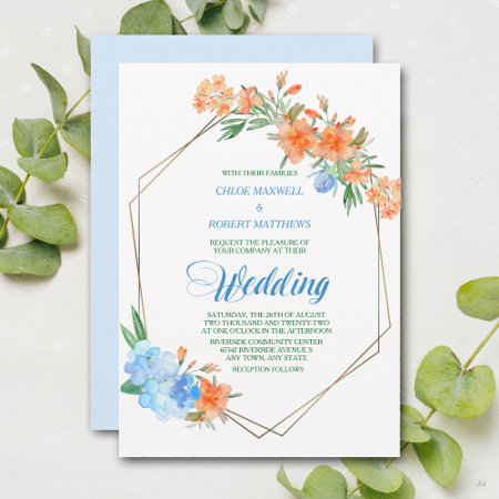 Tangerine And Light Blue Floral Frame Wedding Invitation