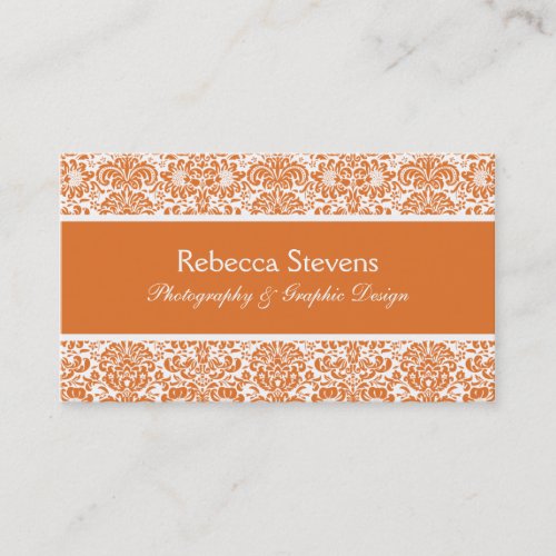 Tangerine and White Damask Business Card
