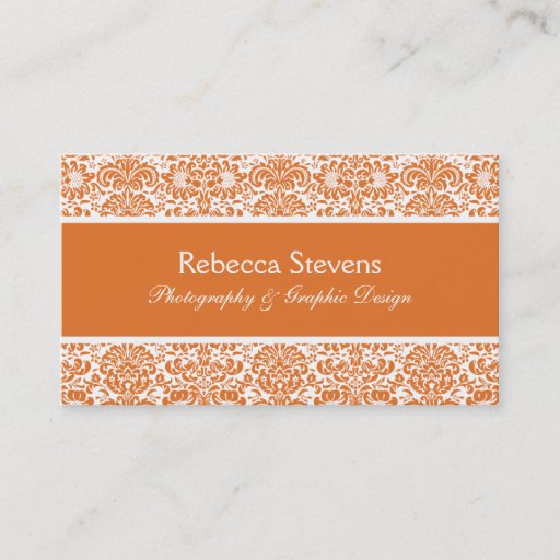Customizable Tangerine and White Damask Business Card