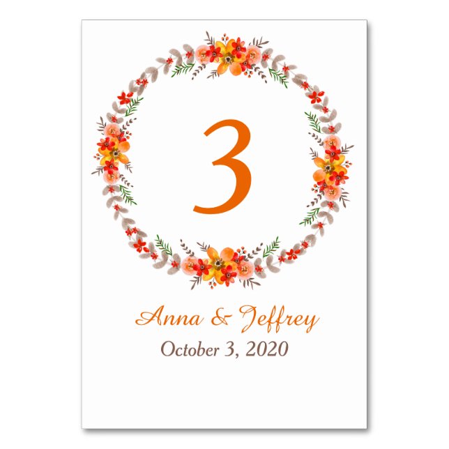 Tangerine Autumn Floral Wreath Wedding Table Number (Front)