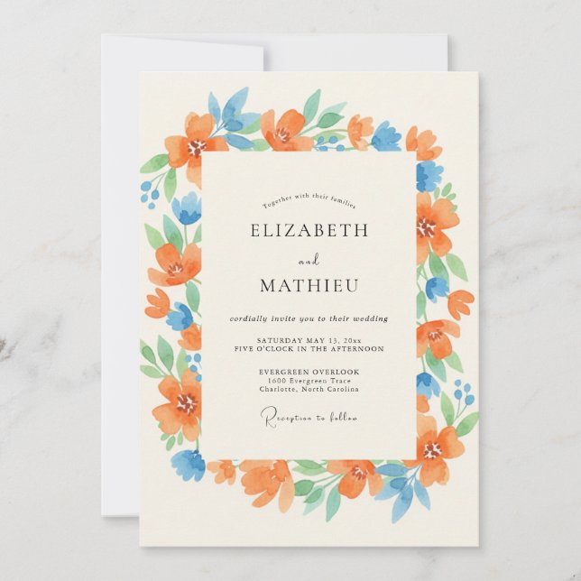 Tangerine Azure Leafy Wedding Invitation (Front)