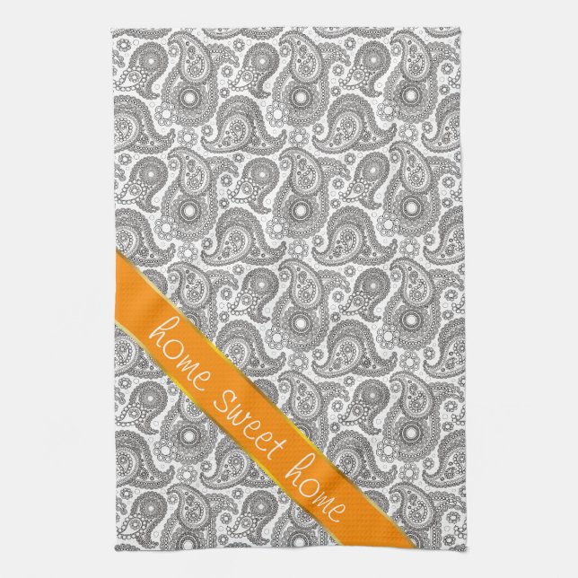 Tangerine Black Paisley Kitchen Towel (Vertical)