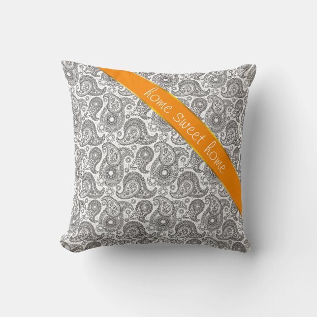 Tangerine Black Paisley Throw Pillow (Front)