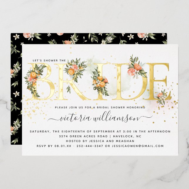 Tangerine Citrus and Gold Floral Bridal Shower  Foil Invitation (Front/Back)