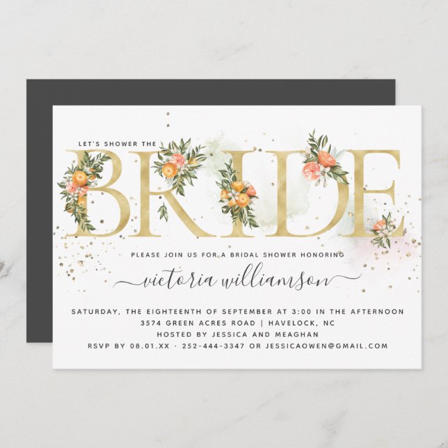 Tangerine Citrus and Gold Floral Bridal Shower Invitation (Front/Back)