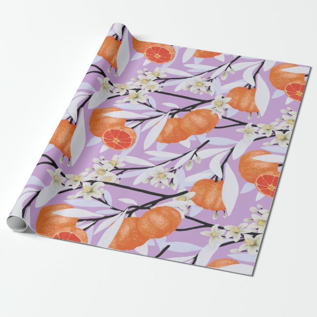 Tangerine Citrus Blooming Branches Floral Lilac Wrapping Paper (Unrolled)