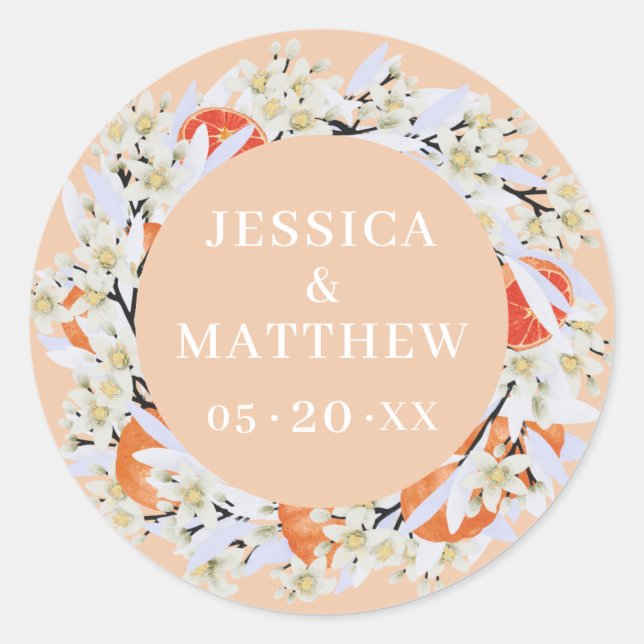 Tangerine Citrus Blooming Branches Wreath Floral Classic Round Sticker (Front)