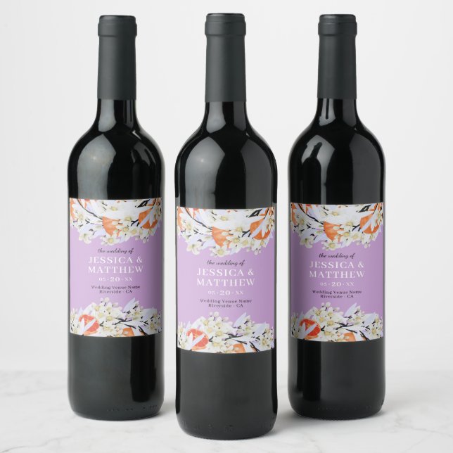 Tangerine Citrus Blooming Branches Wreath Floral Wine Label (Bottles)
