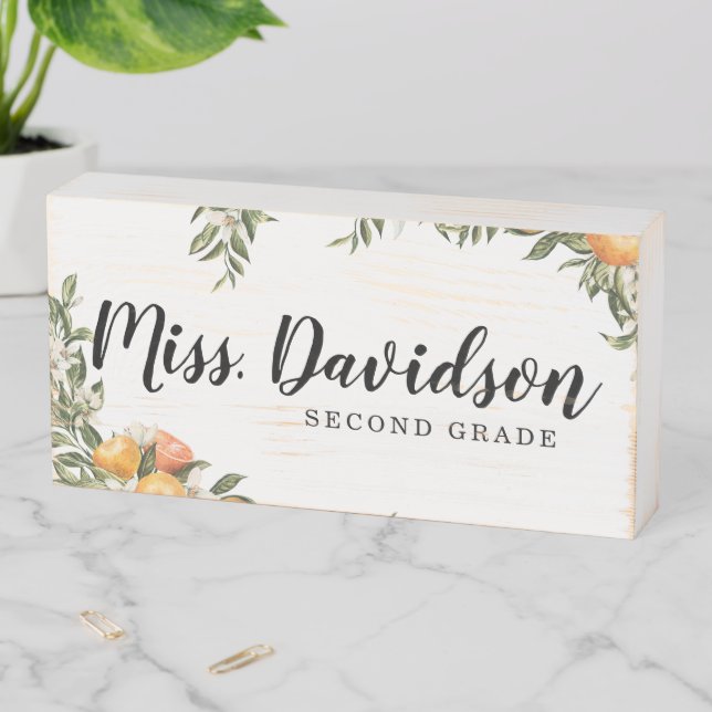 Tangerine Citrus | Botanical Teacher Name Class Wooden Box Sign (In Situ Horizontal)