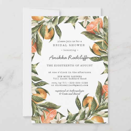 Tangerine Citrus Greenery Bridal Shower Invitation