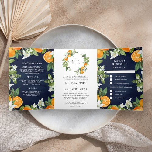 Tangerine Citrus Orange All in One Navy Wedding Tri_Fold Invitation