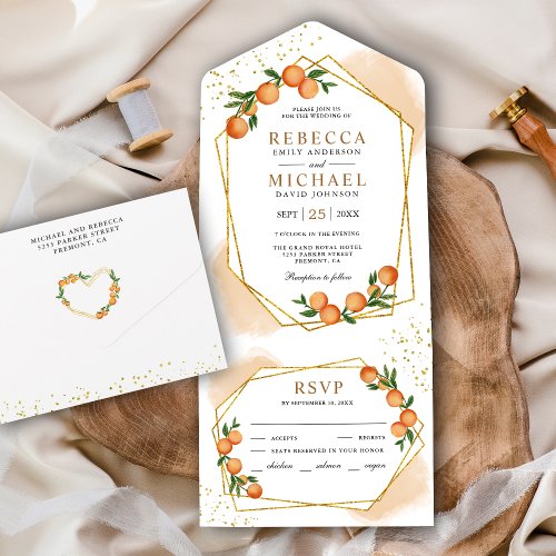 Tangerine Citrus Orange Gold Frame Wedding All In One Invitation