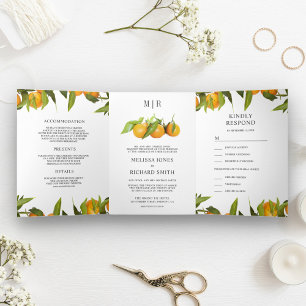 Tangerine Citrus Orange Orchard All in One Wedding Tri-Fold Invitation