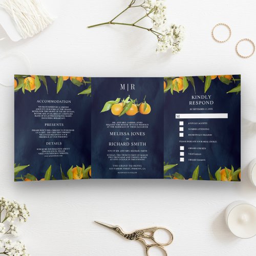 Tangerine Citrus Orange Orchard Navy Blue Wedding Tri_Fold Invitation