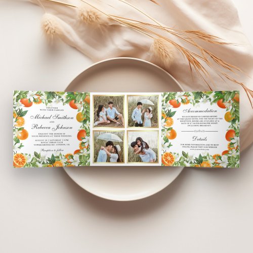 Tangerine Citrus Orange Photo Collage Wedding Tri_Fold Invitation