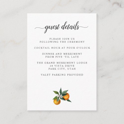 Tangerine Citrus WEDDING Details Accommodation Enclosure Card