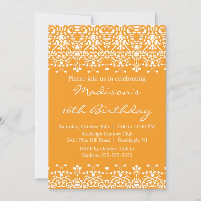 Tangerine Damask Sweet Sixteen Birthday Invitation (Front)