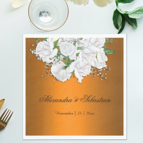 Tangerine Elegance and White Roses Wedding Napkins
