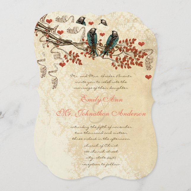 Tangerine Fall Leaves Vintage Bird Wedding Invite (Front/Back)