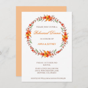 Tangerine Floral Wreath Wedding Rehearsal Dinner Invitation