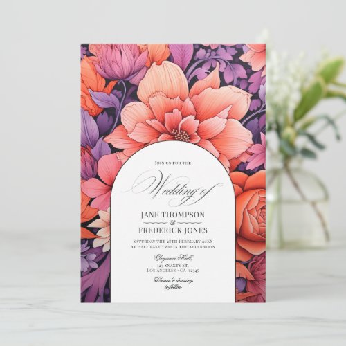 Tangerine Hot_Pink  Royal Purple Floral Wedding Invitation