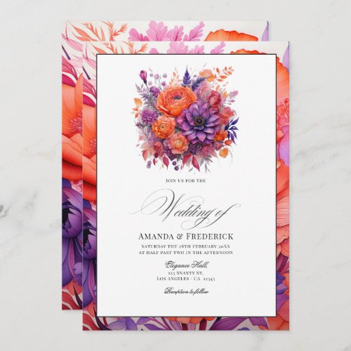 Tangerine Hot_Pink  Royal Purple Floral Wedding Invitation