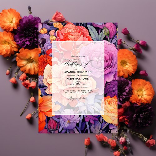 Tangerine Hot_Pink  Royal Purple Floral Wedding Invitation