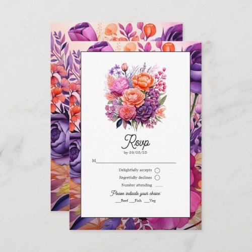 Tangerine Hot_Pink  Royal Purple Floral Wedding RSVP Card