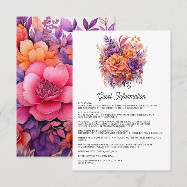 Tangerine, Hot-Pink & Royal Purple Guest Details Enclosure Card (Front/Back)