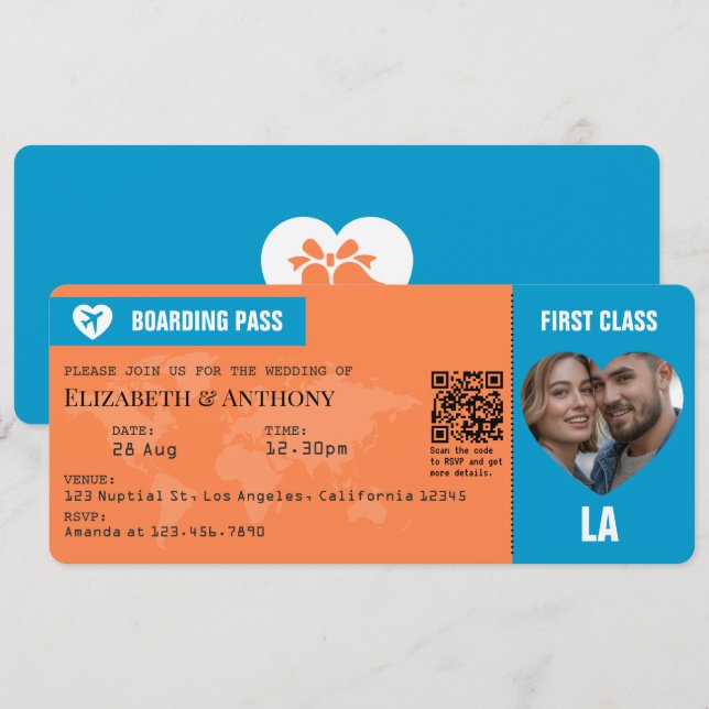Tangerine & Lagoon Blue Boarding Pass Wedding Invitation (Front/Back)