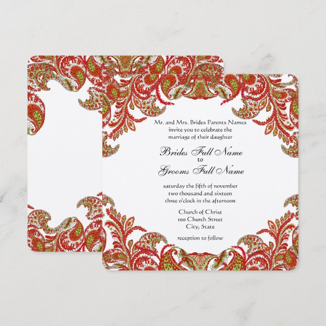 Tangerine Lime Vintage Peacock Damask Wedding Invitation (Front/Back)