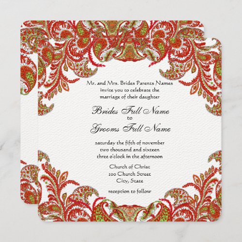 Tangerine Lime Vintage Peacock Damask Wedding Invitation