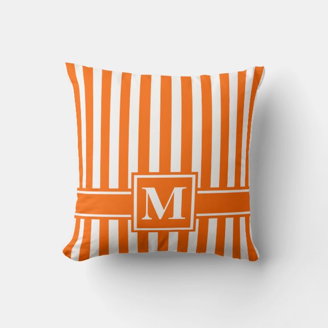 Tangerine Modern Stripe with Monogram Throw Pillow (Front)