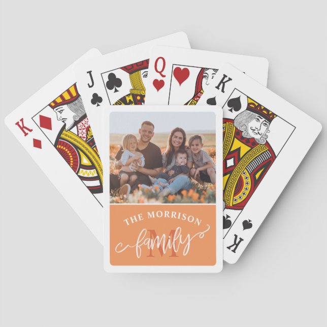 Tangerine Monogram Brush Script Family Photo Poker Cards (Back)