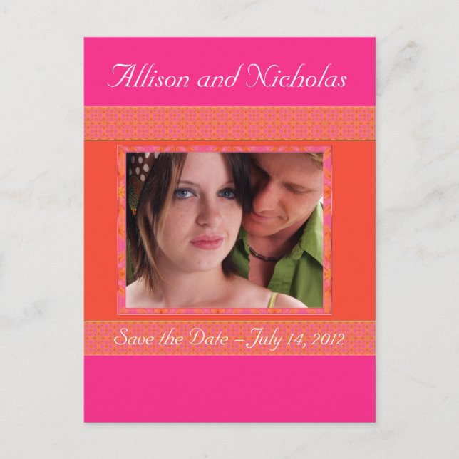 Tangerine Orange and  Pink save date photo Announcement Postcard (Front)