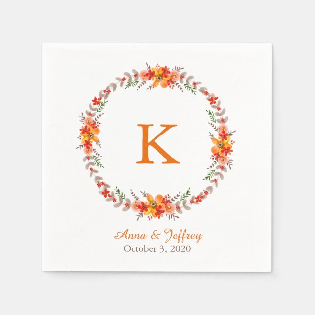 Tangerine Orange Floral Wreath Monogram Wedding Napkins (Front)