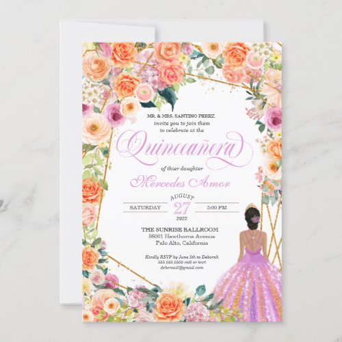 Tangerine Orange Peach Blush Roses Quinceanera Inv Invitation