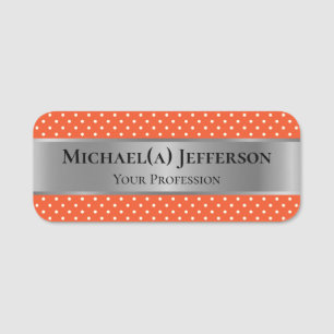 Tangerine Orange White Polka Dot Silver Name Tag