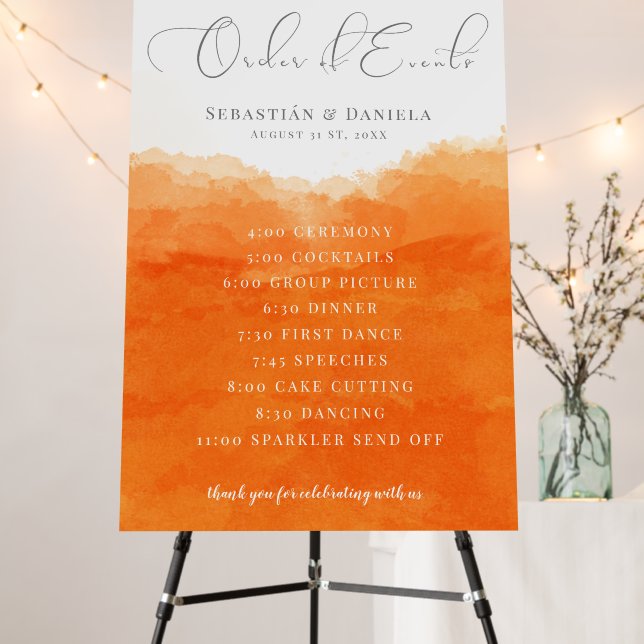 Tangerine Order of Events Wedding Timeline Sign (In Situ (Stand))