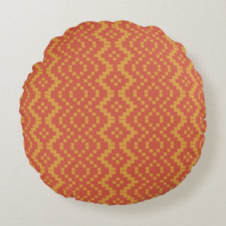 Tangerine Red Egyptian Tribal Ethnic Basket Weave Round Pillow