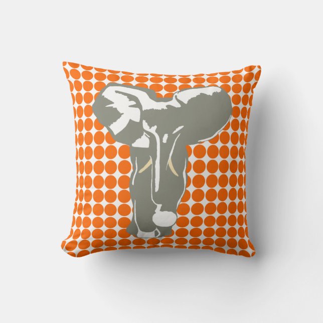 Tangerine Safari Dot with Pop Art Elephant Throw Pillow (Front)