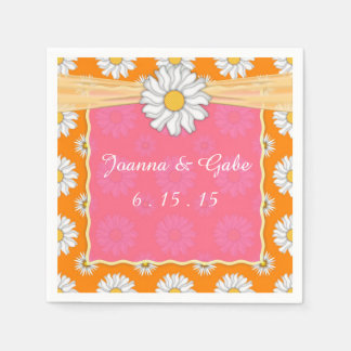 Tangerine Tango Orange Pink Daisy Floral Wedding Paper Napkins
