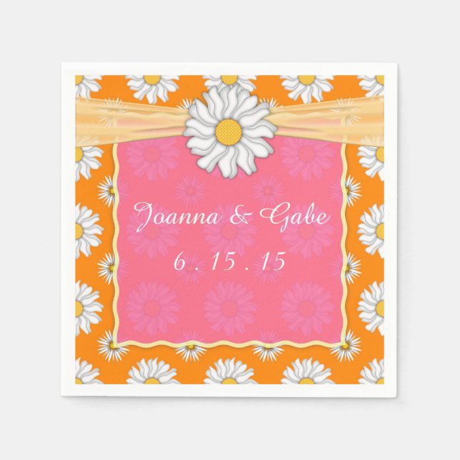 Tangerine Tango Orange Pink Daisy Floral Wedding Paper Napkins (Front)