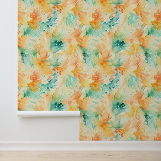 Tangerine Turquoise Abstract Floral Wallpaper (Application)