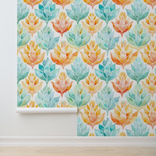 Tangerine Turquoise Abstract Flowers Wallpaper