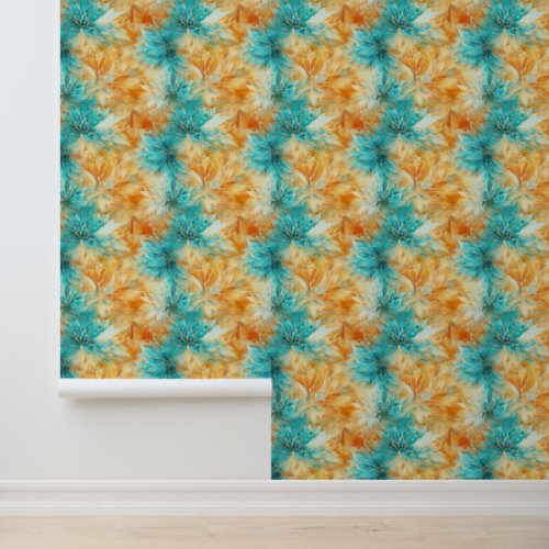 Tangerine Turquoise Teal Abstract Flowers  Wallpaper