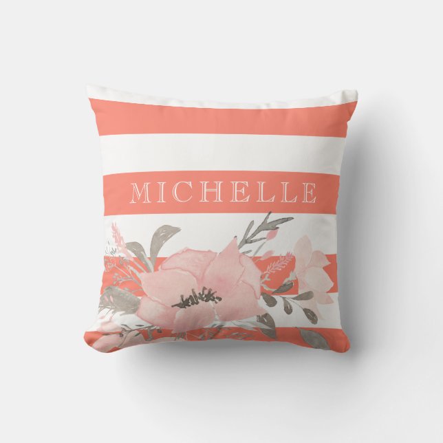Tangerine | White Floral Personalized Throw Pillow (Front)